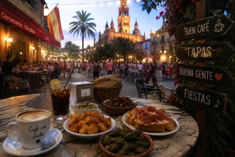 Ισπανική πλατεία με tapas, καφέ και φωτισμένη ατμόσφαιρα το βράδυ