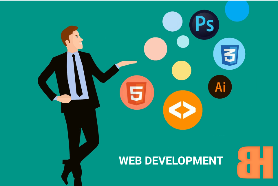 Εικονογράφηση ενός web developer που παρουσιάζει εικονίδια για HTML5, CSS3, Photoshop, Illustrator και κώδικα προγραμματισμού.